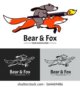 Gray bear riding on red fox. Creative studio logo, brush, vector.