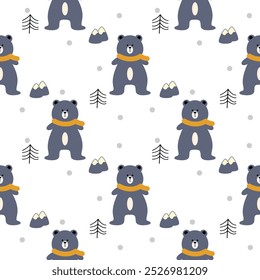 Gray bear scarf cartoon so cute. On tree mountain Snow White background. Pattern seamless vector illustration. 
