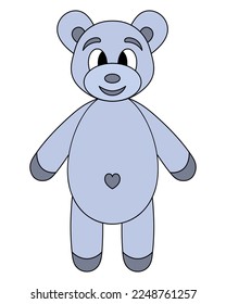 Gray bear. Teddy bear with a cute belly. Color vector illustration. Isolated background. Cartoon style. Little bear cub. Animal navel in the shape of a heart. Idea for web design, banner, invitation