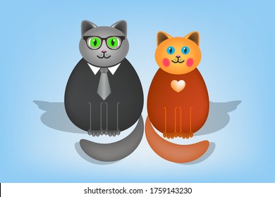 Gray beautiful chubby cat with glasses and a tie. Red-haired cute lady-cat with blue eyes and a heart on his chest EPS10