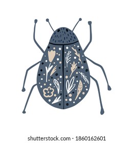 Escarabajo gris aislado de fondo blanco. Resumen de insectos cortos con tracería de flores en la ilustración del vector del doodle.