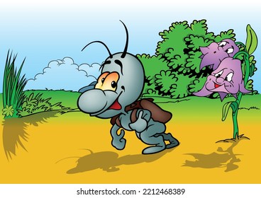 Gray Beetle and School Briefcase his Back    Colored Cartoon Illustration and Background  Vector