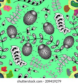 gray beetles on a green background. seamless texture. vector illustration