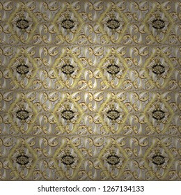 Gray and beige colors with golden elements. Seamless golden pattern. Gold metal with floral pattern. Vector golden floral ornament brocade textile and glass pattern.