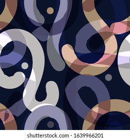 gray, beige, gray, purple circles and overlapping smoothly curved shapes with rounded edges are randomly located on a dark azure background and form a dark abstract seamless pattern. vector
