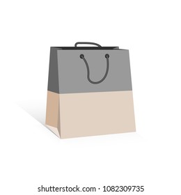 Gray and beige shopping bag, isolated on white bacground. Mock-up of blank package, shopping bag with handles. Vector illustration, EPS10.