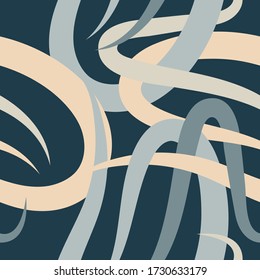 gray and beige smooth wavy stripes randomly intertwined with a dark azure background. abstract seamless pattern. vector
