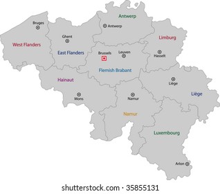 Gray Belgium map with provinces and main cities