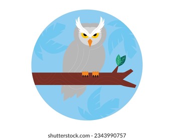 Gray and big-eyed owl with a sharp stare, standing on a tree trunk quietly, jungle vector illustration.