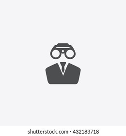 Gray Binocular on person head, human view vector icon white background, symbol of time management 