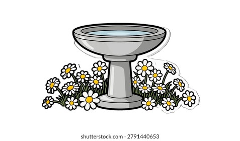 Gray birdbath surrounded by small flowers