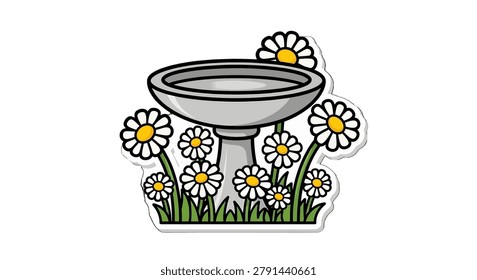Gray birdbath surrounded by white flowers