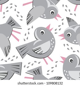gray birds sparrows on white background colorful animal seamless pattern