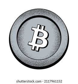 A gray bitcoin coin with a black outline, shadow, and noise effect. Vector stock image.