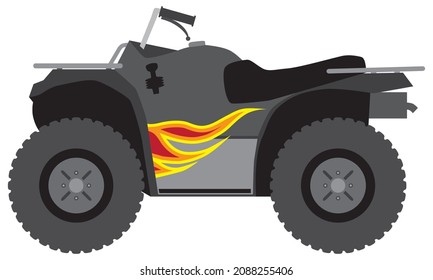 A gray and black all terrain vehicle with flames on the sides