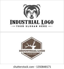 Gray black brown line art head bear deer ribbon hexagon badge combination mark logo design concept suitable for industrial organization manufacturers metal steel products