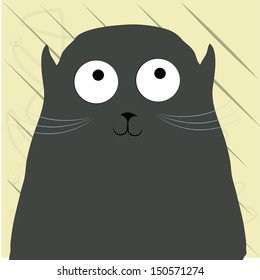 a gray black cat with big eyes in a yellow background
