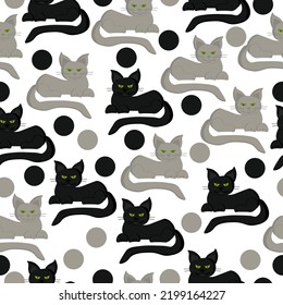 Gray and black cats and dots seamless pattern, a pair of cats on a white background