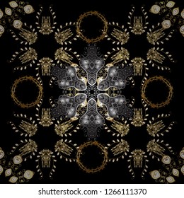 Gray and black colors with golden elements. Gold metal with floral pattern. Vector golden floral ornament brocade textile and glass pattern. Seamless golden pattern.