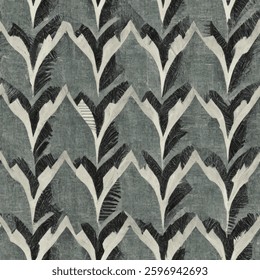 Gray and black fabric pattern with abstract leaves, grunge lines ikat pattern, striped seamless pattern, Vector illustration background for print the paper.