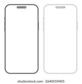 Gray and black mobile phone mockup devices. Set of two smartphones with blank screen for advertisement. Vector illustration