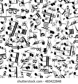 A lot of gray and black music signs and note on white background, seamless pattern