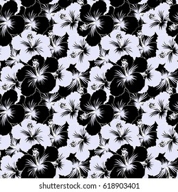 Gray, black and neutral hibiscus seamless pattern. Vector seamless pattern with tropical flowers in watercolor style. Vector illustration.