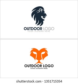 Gray black orange line art head lion combination mark logo design vector suitable for outdoor products selling products