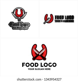 Gray black red lien art knife meat sausage combination mark logo design concept suitable for food drink industry restaurant shop selling