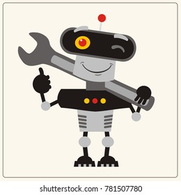 Gray with black robot with the large wrench on her shoulder in cartoon style shows "like".