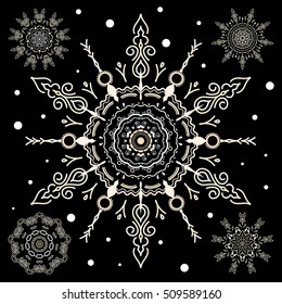 Gray and black simple Christmas set - five varied Xmas snowflakes with dots. Happy New Year winter background. Vector design for textile, wallpaper, fabric, wrapping paper.