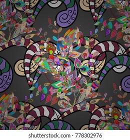 Gray, black and violet curly flowers shapes on gray, black and violet colors. Vector illustration. Vintage flower design elements.