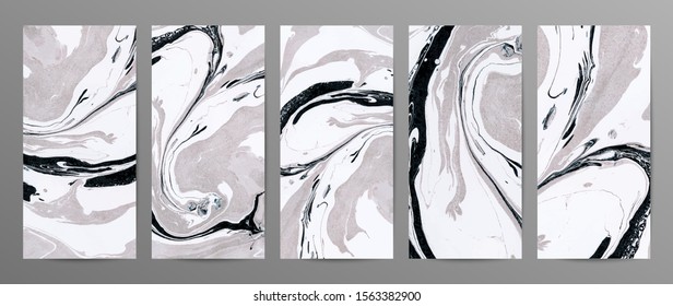 Gray, black and white marble texture vector backgrounds set. Creative marble style drawings collection. Black and white liquid paint flow effect texture. Trendy resin art minimalist backdrops