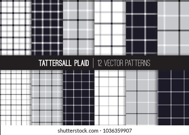 Gray, Black and White Tattersall & Windowpane Plaid Vector Patterns. Men's Fashion Fabric. Father's Day Background. Small to Large Scale Check Textile Prints. Repeating Pattern Tile Swatches Included.