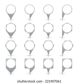 Gray blank map pin sign location icon with circular copy space and gray shadow, reflection on white background  in simple flat style. Web design element save in vector illustration 8 eps