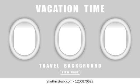 Gray blank windows plane, Gray airplane window, Template, Plain aircraft window white space, Flight windows, Vacation destinations, Flat web vector banner, Vacation time, Travel background.