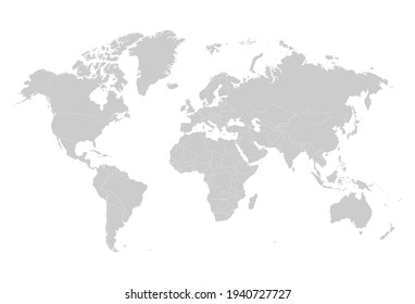 Gray blank world map silhouette. Earth blank map template with geographic territory borders vector Illustration Isolated on white background.