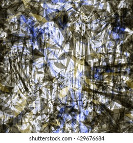 Gray and blue. Acute-angled spots and repeating pattern of three stylized leaves. Background color as the blue sky. For Boho design. Seamless abstract template.