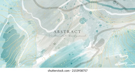 Gray blue and beige liquid marble watercolor background with gold lines. Earth tone and navy elegant minimal modern canvas wallpaper with paint brush pattern. Vector illustration