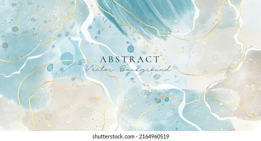 Gray blue and beige liquid marble watercolor background with gold lines. Earth tone and navy elegant minimal modern canvas wallpaper with paint brush pattern. Vector illustration