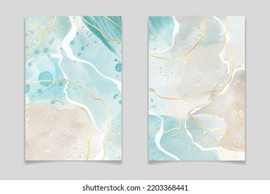 Gray blue and beige liquid marble watercolor background. Earth tone and turquoise modern canvas wallpaper with paint brush. Vector illustration design template for wedding invitation, menu, rsvp