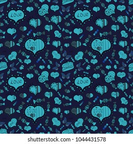 Gray, blue, black. Perfect design element for wallpaper, textile, wedding invitation. Festive love background. Vector. Seamless pattern Beautiful handdrawn seamless with hearts. Happy Valentine':s Day