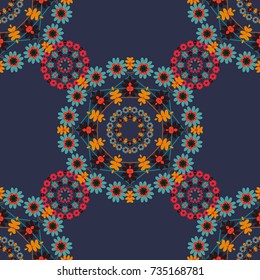 Gray, blue and brown ethnic geometric motif seamless pattern on colorful abstract background. Vector illustration.
