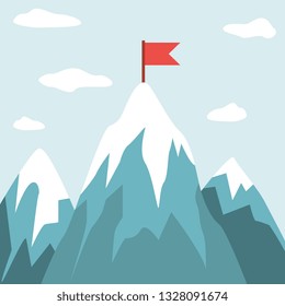 Gray, blue cartoon mountains and rocks with a red flag on peak, оn the background the sky with clouds, vector illustration.