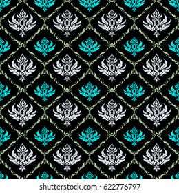 In gray and blue colors on a black background. Ikat damask seamless pattern background tile. Vector illustration.