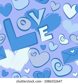 Gray and blue design template for holiday and wedding card, wallpaper. Vector illustration. Colorful hearts and love text seamless pattern. Vector Valentine design.