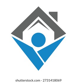 Gray and blue house shaped logo with a person inside simple geometric design icon