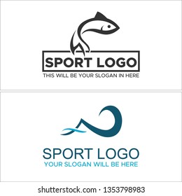 Gray blue line art fish rectangle swash combination mark logo design vector concept suitable for sport clothes jersey man apparel animal