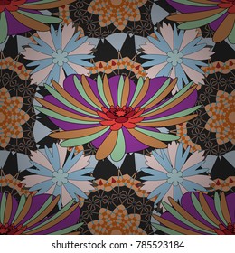 Gray, blue and orange colors vector seamless pattern with many flowers.