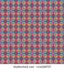 Gray, blue and pink ethnic geometric motif seamless pattern in gray, blue and pink on abstract background.